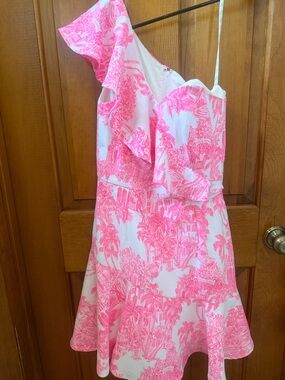 Lilly Pulitzer Pink Toile One-Shoulder Ruffle Jumpsuit